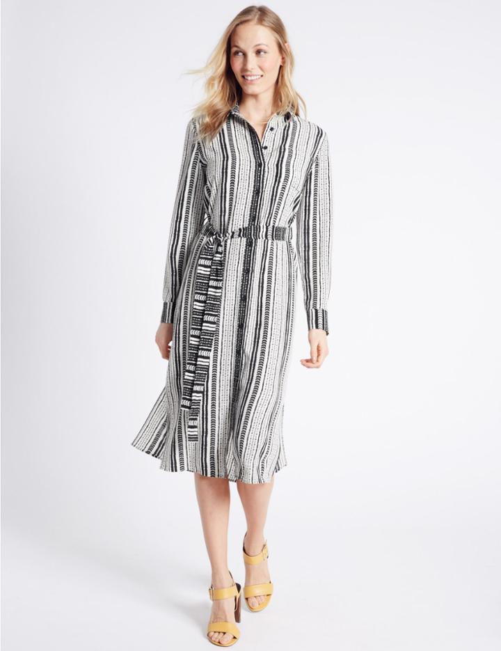 Marks & Spencer Striped Long Sleeve Shirt Dress With Belt Black Mix