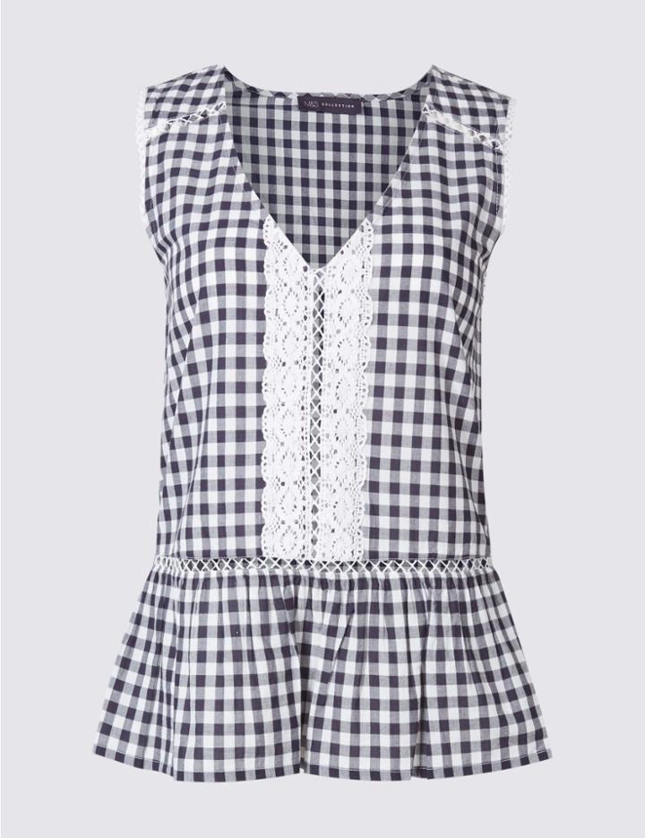 Marks & Spencer Petite Pure Cotton Gingham Blouse Blue Mix
