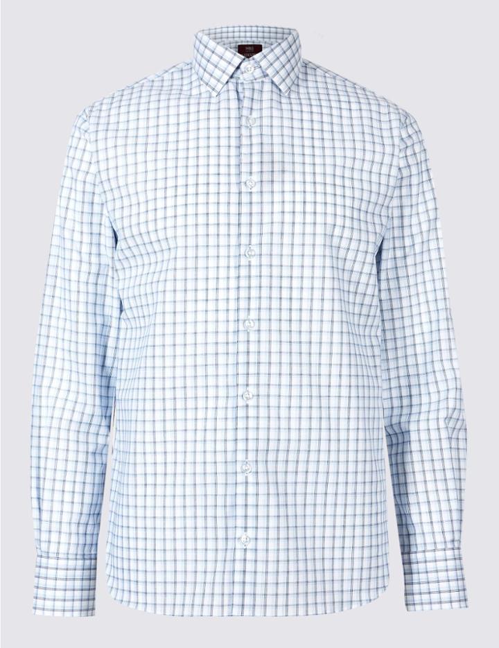 Marks & Spencer Cotton Rich Easy To Iron Tailored Fit Shirt Blue Mix