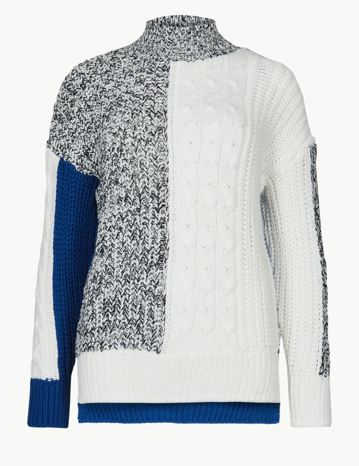 Marks & Spencer Cable Knit Turtle Neck Jumper Blue Mix