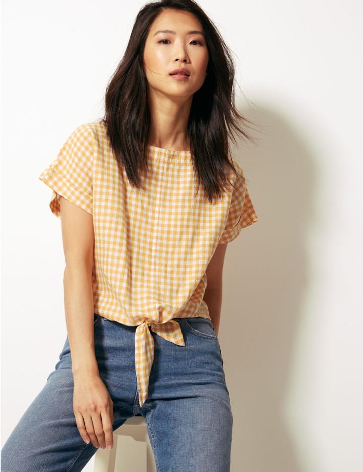 Marks & Spencer Checked Round Neck Short Sleeve Blouse Yellow Mix