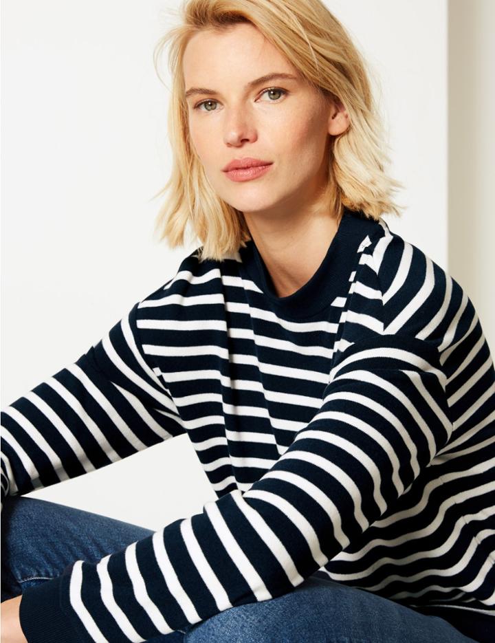 Marks & Spencer Striped High Neck Long Sleeve Sweatshirt Navy Mix
