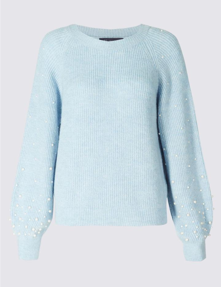 Marks & Spencer Textured Round Neck Pearl Sleeve Jumper Soft Blue