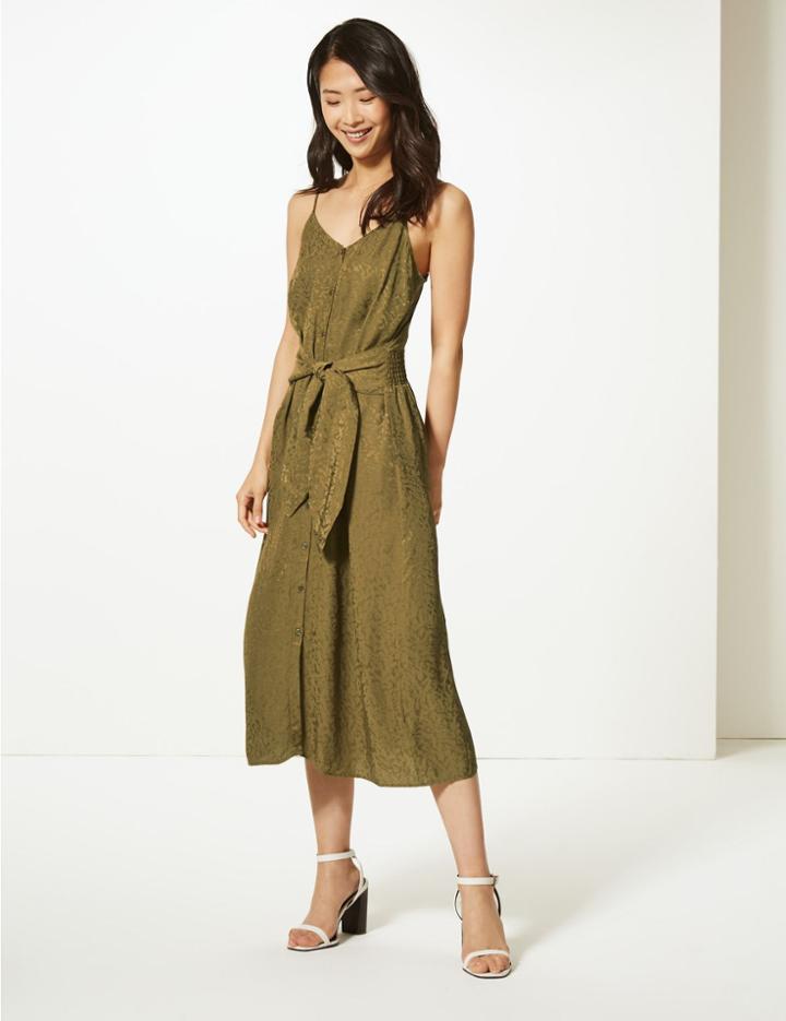 Marks & Spencer Jacquard Tie Front Waisted Midi Dress Hunter Green