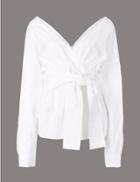 Marks & Spencer Pure Cotton V-neck Long Sleeve Blouse Soft White