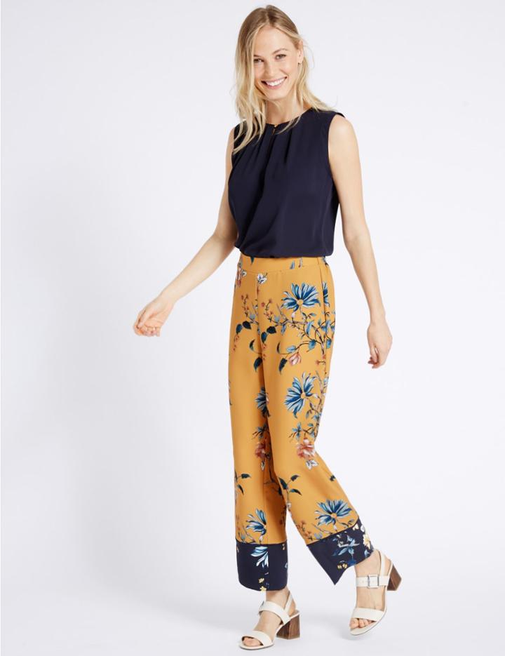 Marks & Spencer Printed Contrasting Hem Wide Leg Trousers Yellow Mix