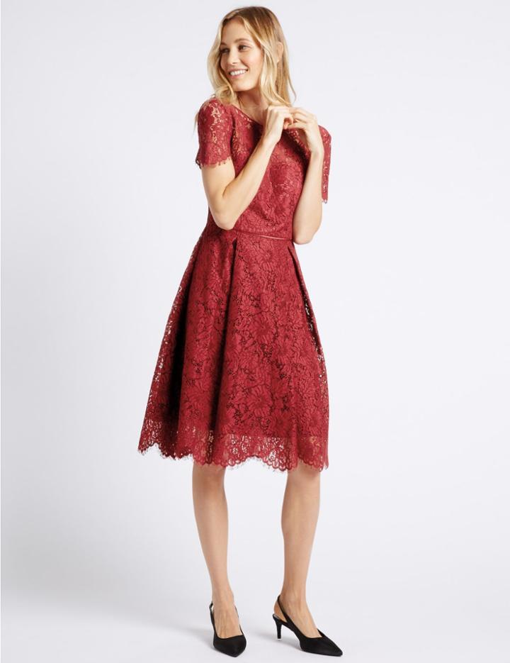 Marks & Spencer Cotton Rich Lace Short Sleeve Swing Dress Red