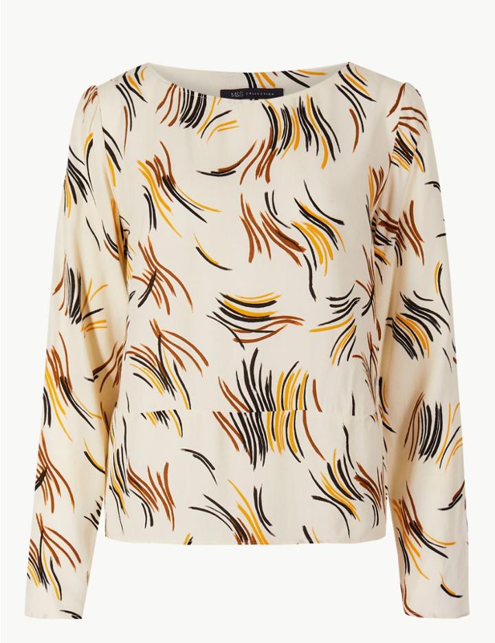Marks & Spencer Printed Round Neck Long Sleeve Shell Top Ivory Mix