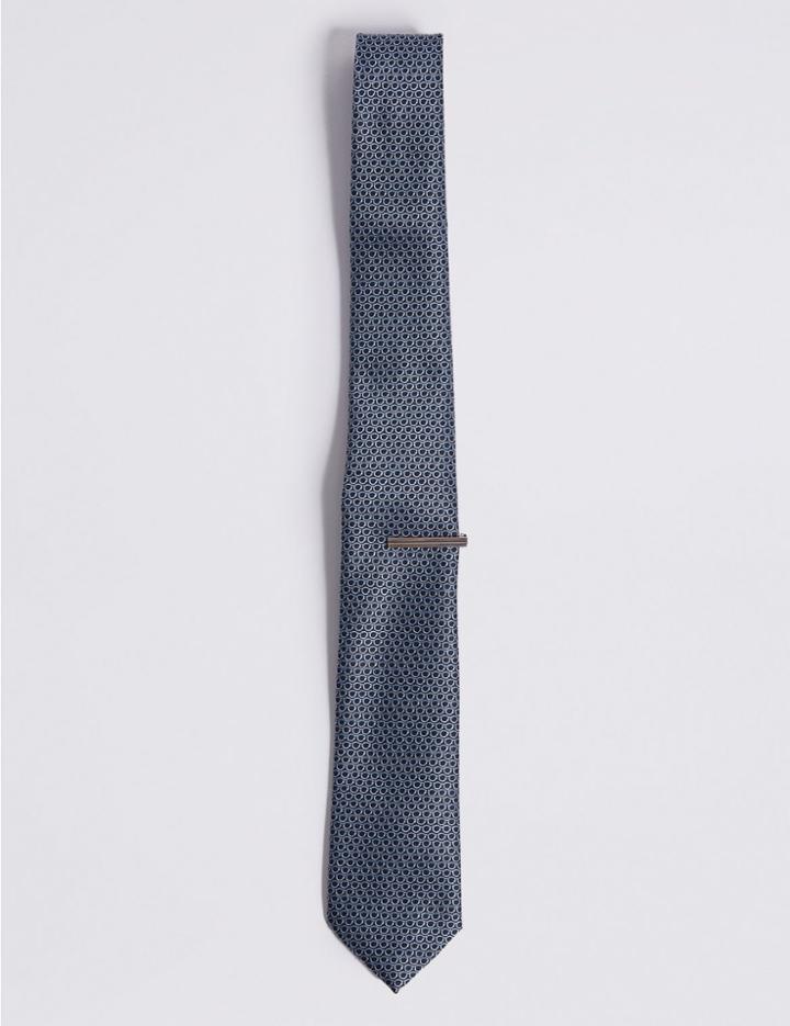 Marks & Spencer Jacquard Tie & Pin Set Navy Mix