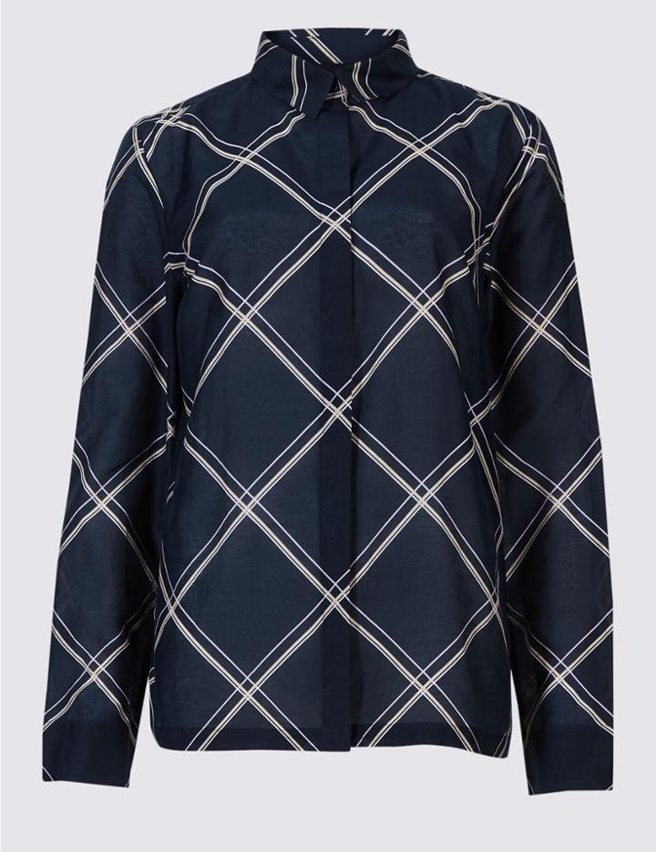 Marks & Spencer Cotton Rich Checked Long Sleeve Shirt Navy Mix