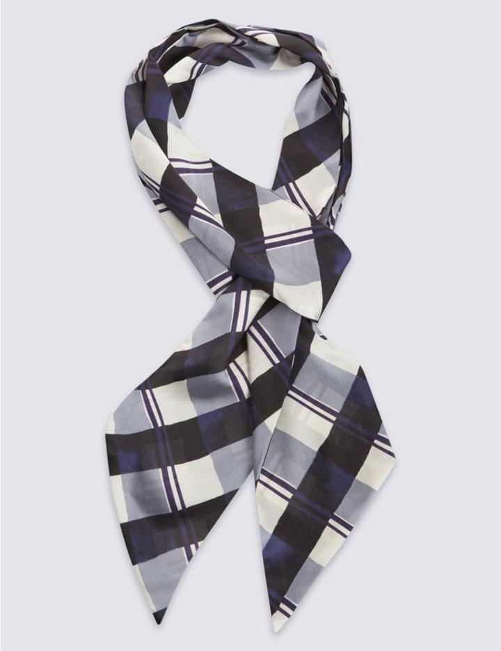 Marks & Spencer Checked Slash End Skinny Scarf Navy Mix