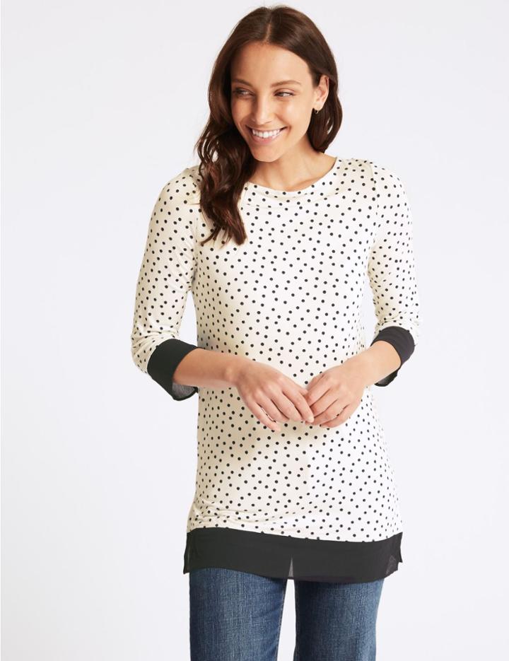 Marks & Spencer Spotted Longline 3/4 Sleeve Tunic Ivory Mix