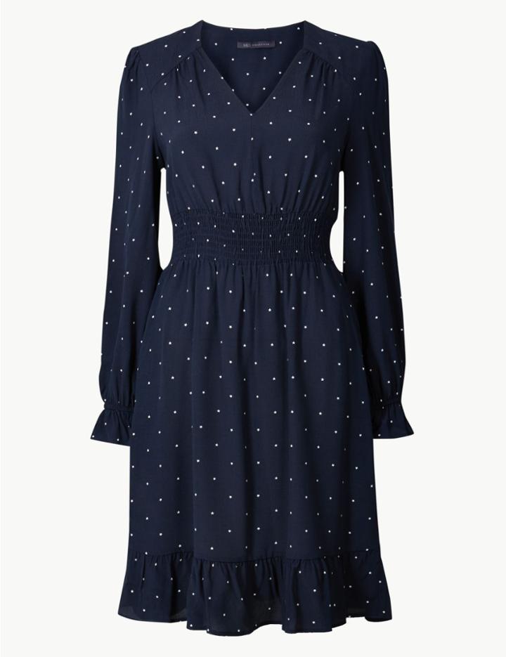 Marks & Spencer Printed Long Sleeve Waisted Dress Navy Mix