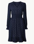 Marks & Spencer Printed Long Sleeve Waisted Dress Navy Mix