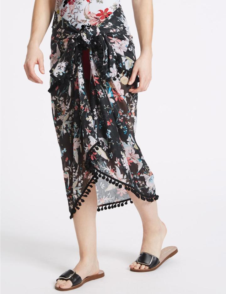 Marks & Spencer Floral Print Sarong With Pom-pom Black Mix