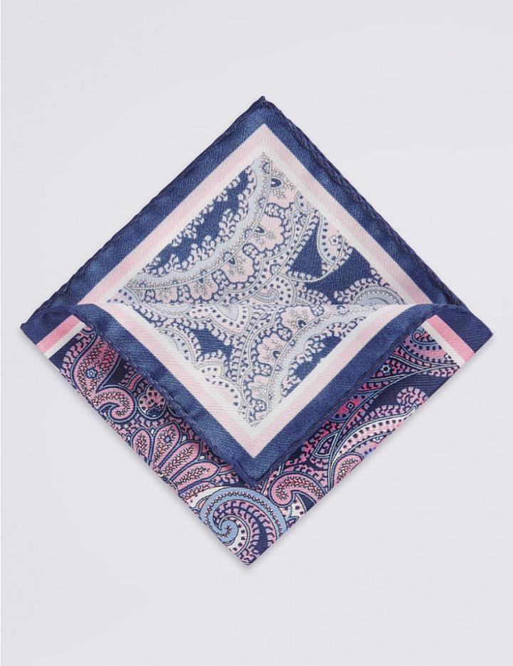 Marks & Spencer Pure Silk Paisley Print Pocket Square Navy
