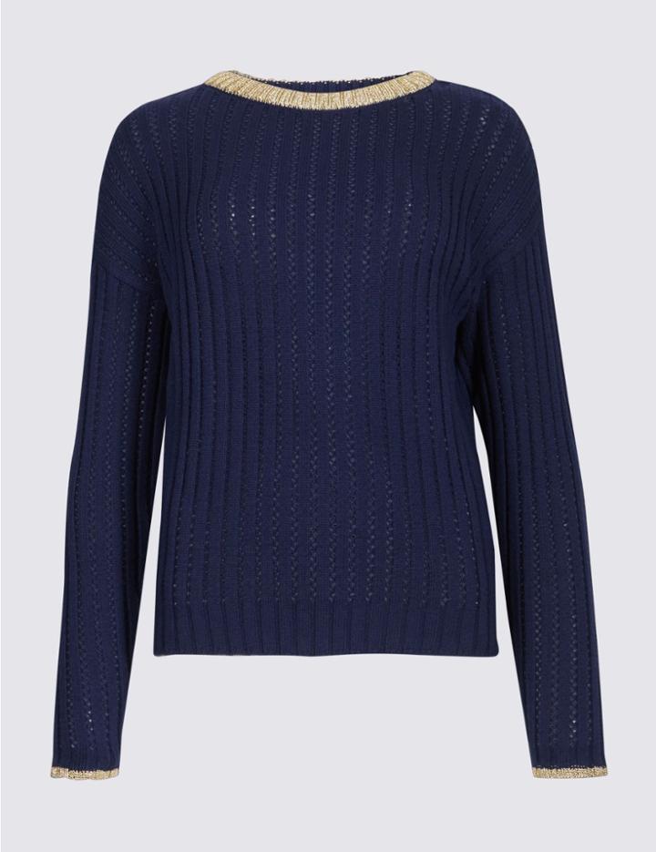 Marks & Spencer Cotton Rich Contrasting Hem Jumper Dark Navy