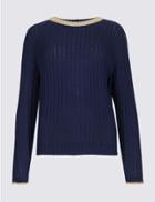 Marks & Spencer Cotton Rich Contrasting Hem Jumper Dark Navy