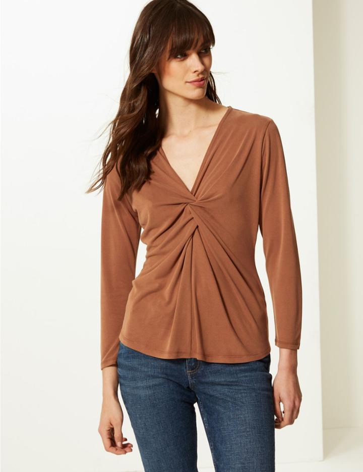 Marks & Spencer Twisted Front V-neck Fitted Long Sleeve Top Tan
