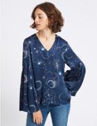 Marks & Spencer Printed V-neck Flared Sleeve Shell Top Blue Mix