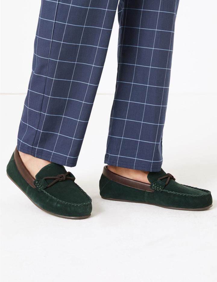 Marks & Spencer Suede Knot Saddle Moccasin Slippers Dark Green