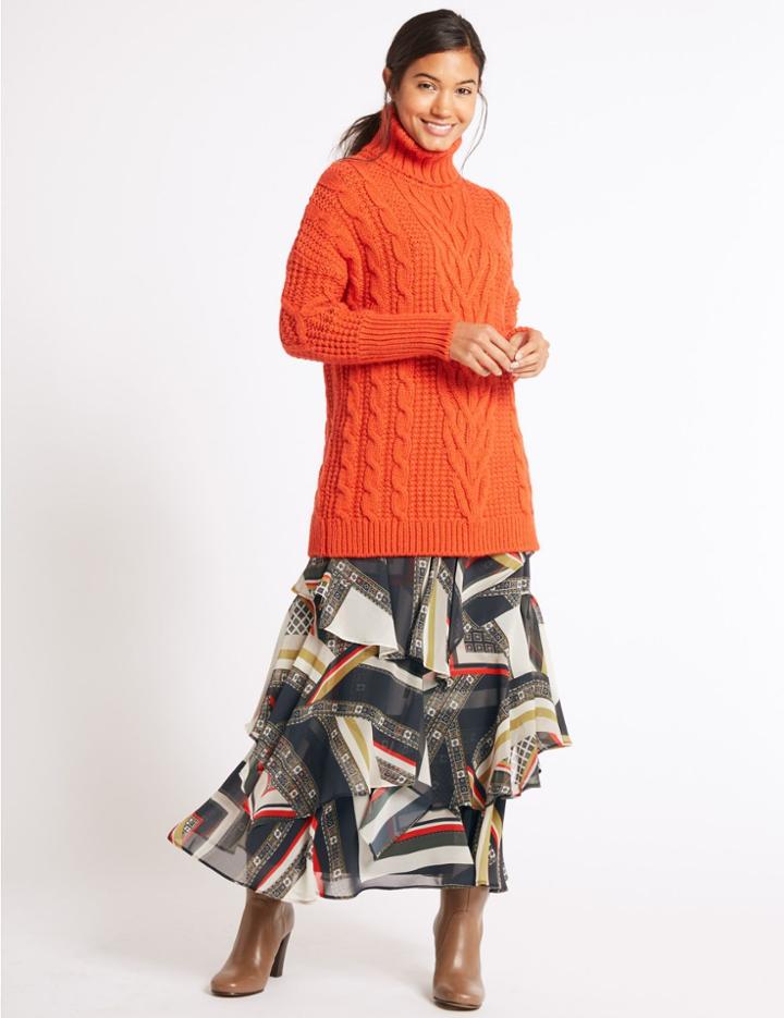 Marks & Spencer Printed Ruffle A-line Midi Skirt Orange Mix