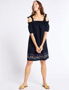 Marks & Spencer Pure Cotton Embroidered Smock Swing Dress Blue Mix