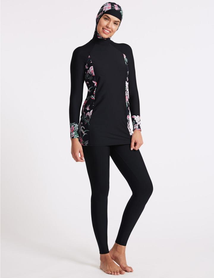 Marks & Spencer Printed 3 Piece Modest Swimsuit Black Mix