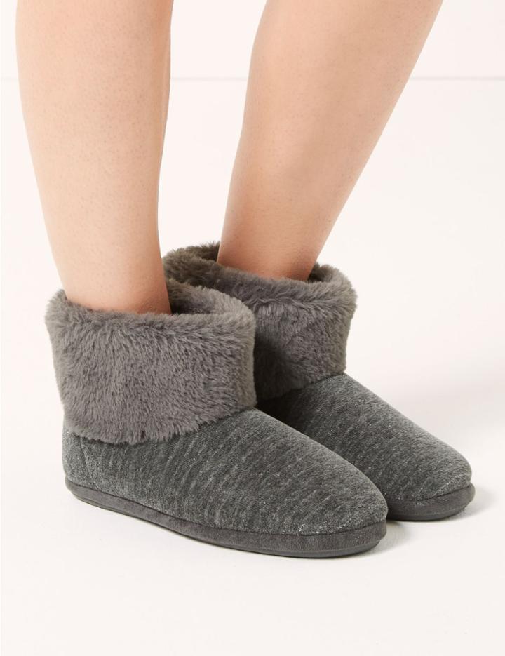Marks & Spencer Faux Fur Turned Down Slipper Boots Grey Mix