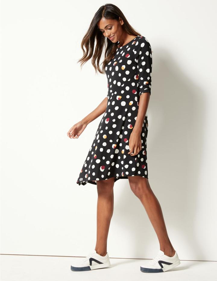 Marks & Spencer Spotted 3/4 Sleeve Skater Dress Black Mix