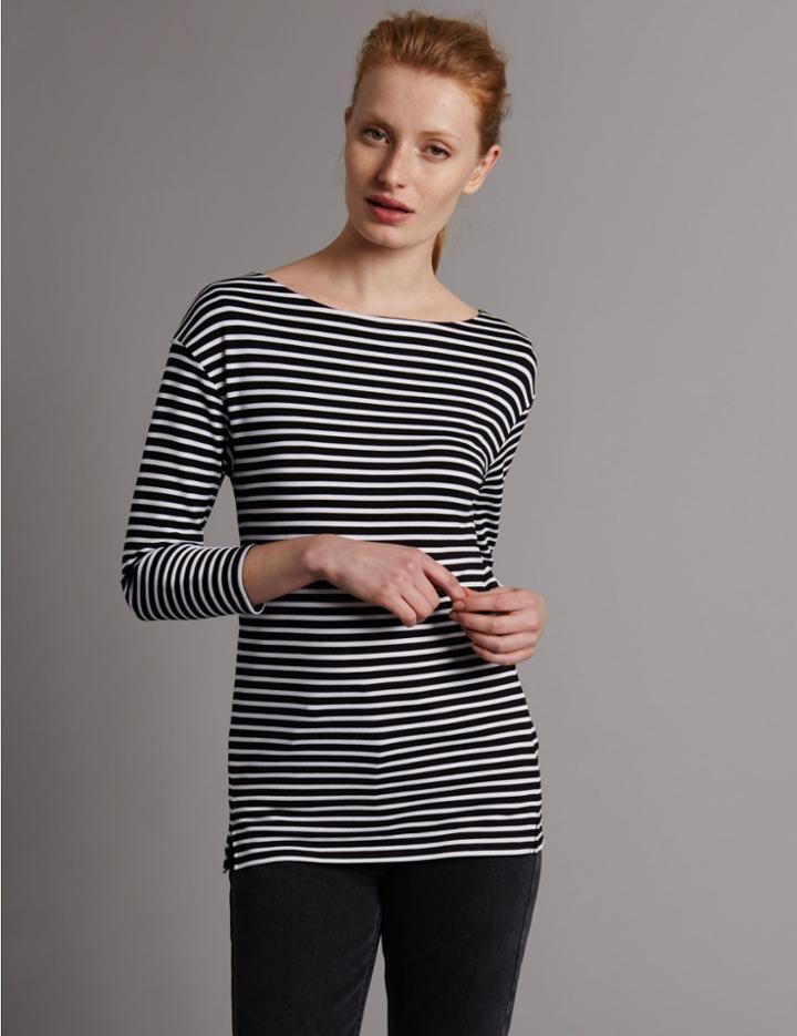 Marks & Spencer Striped Slash Neck 3/4 Sleeve Jersey Top Black Mix