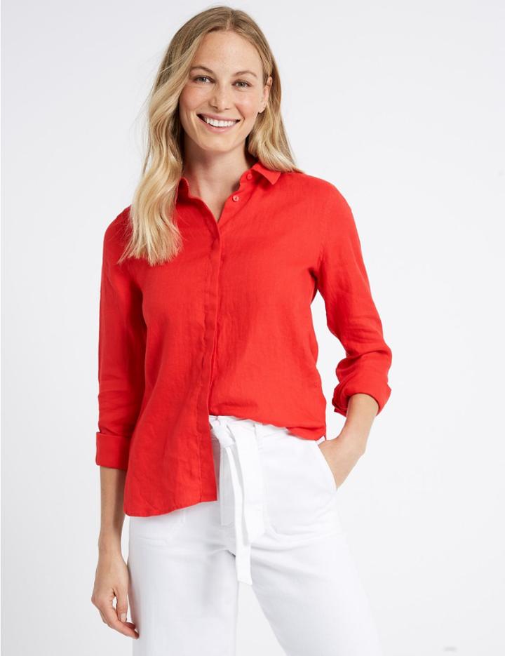 Marks & Spencer Pure Linen Long Sleeve Shirt Red