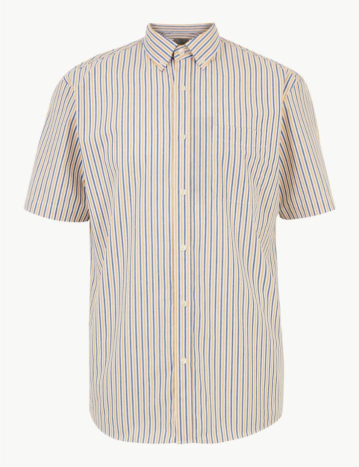 Marks & Spencer Pure Cotton Striped Shirt Yellow Mix