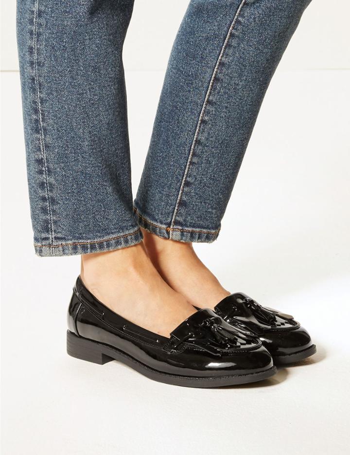 Marks & Spencer Wide Fit Block Heel Tassel Loafers Black Patent