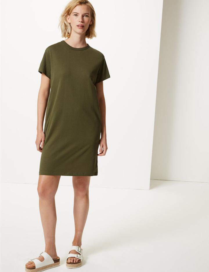 Marks & Spencer Pure Cotton Knee Length T-shirt Dress Khaki