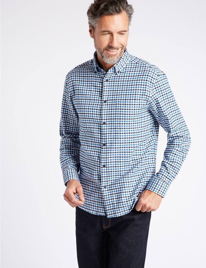 Marks & Spencer Luxury Brushed Cotton Checked Shirt Navy Mix