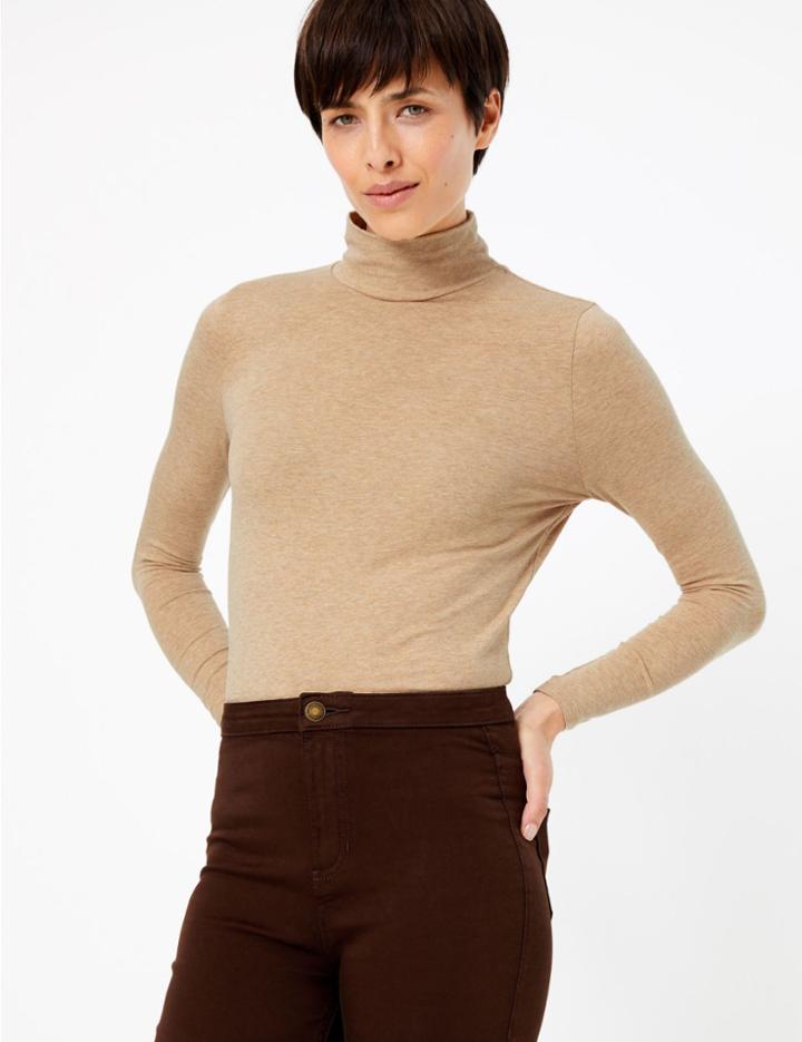 Marks & Spencer Cotton Rich Fitted Long Sleeve Top Brown Marl
