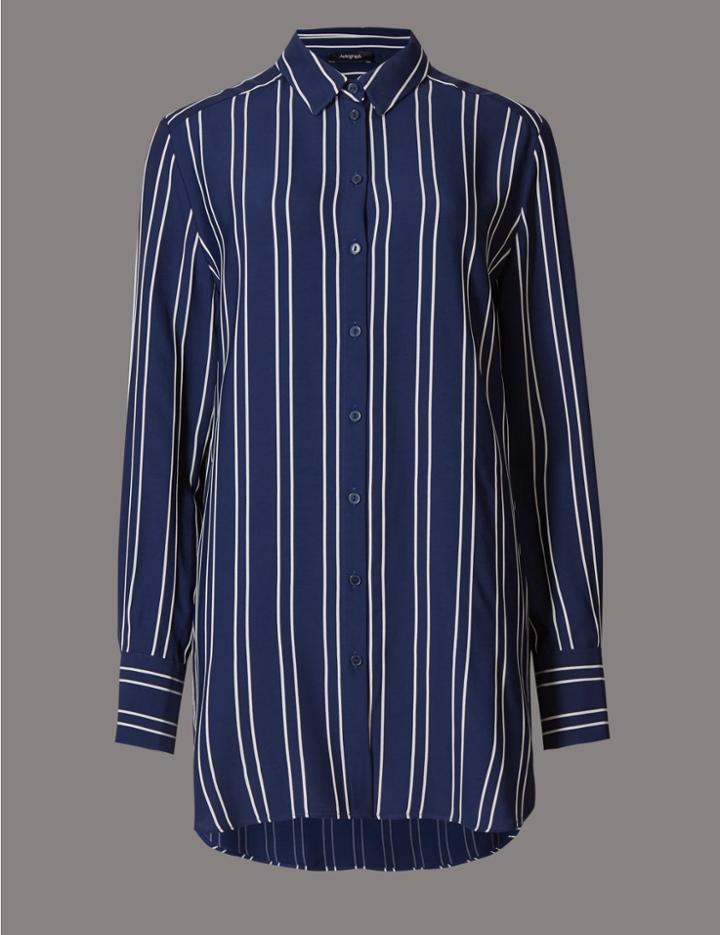 Marks & Spencer Striped Longline Long Sleeve Shirt Ink