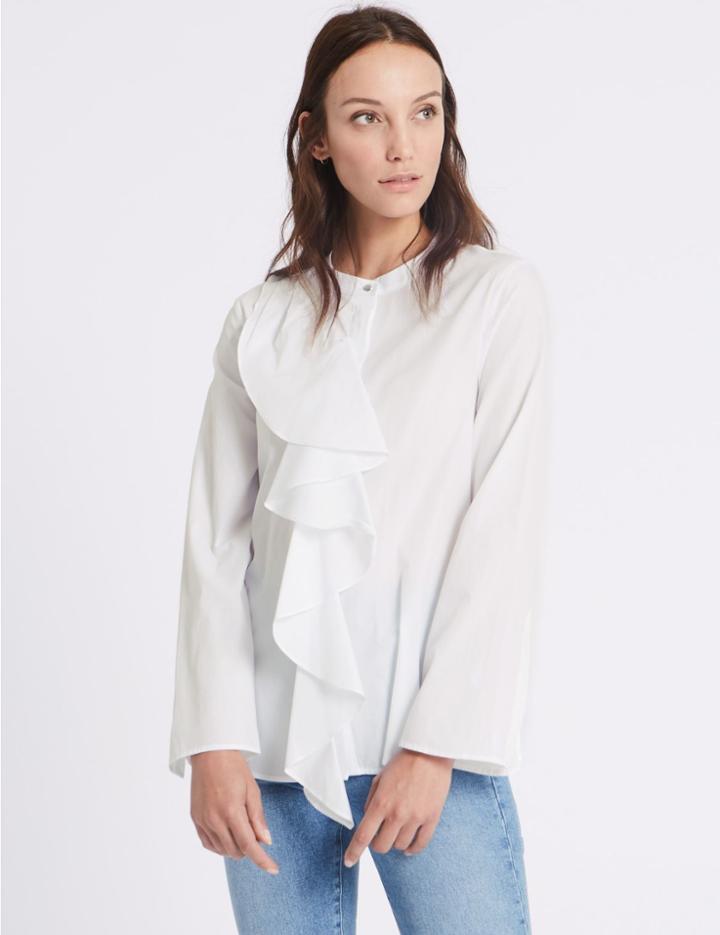 Marks & Spencer Pure Cotton Ruffle Poplin Blouse White