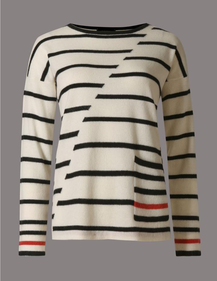 Marks & Spencer Pure Cashmere Striped Jumper Cream Mix