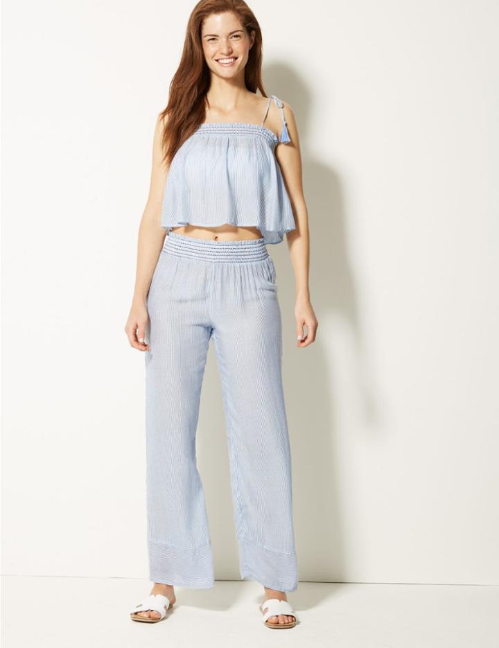 Marks & Spencer Pure Modal Flared Beach Trousers Blue Mix