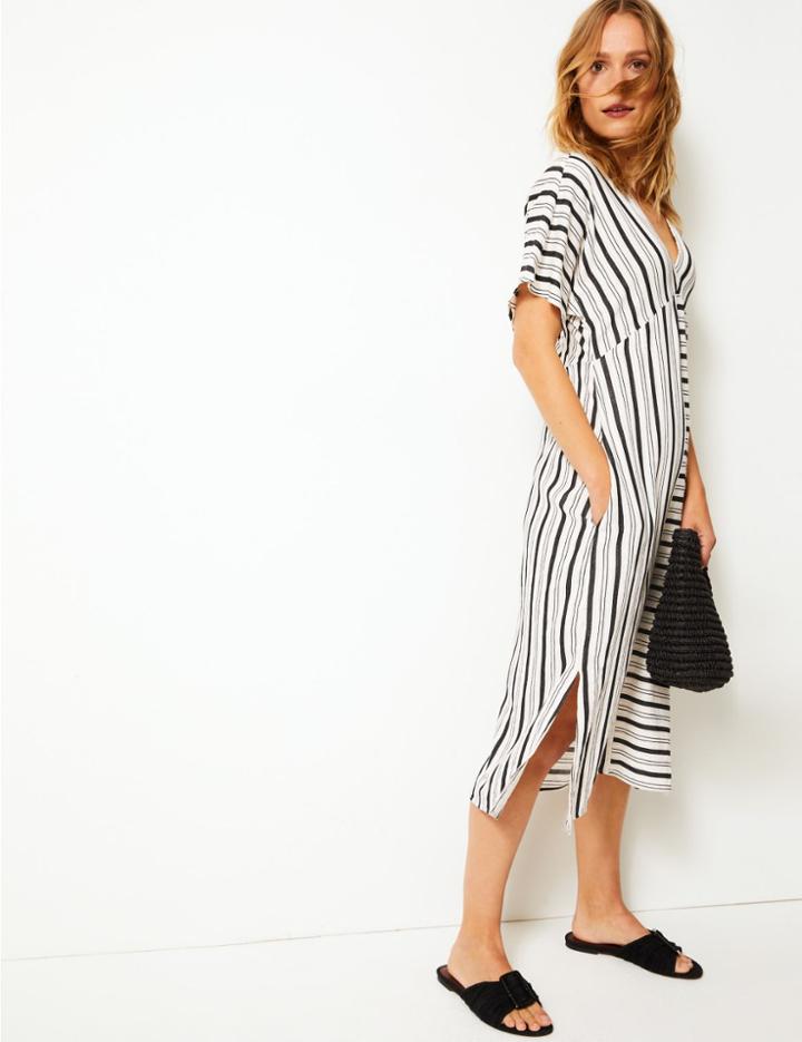 Marks & Spencer Striped Shift Midi Dress Ivory Mix