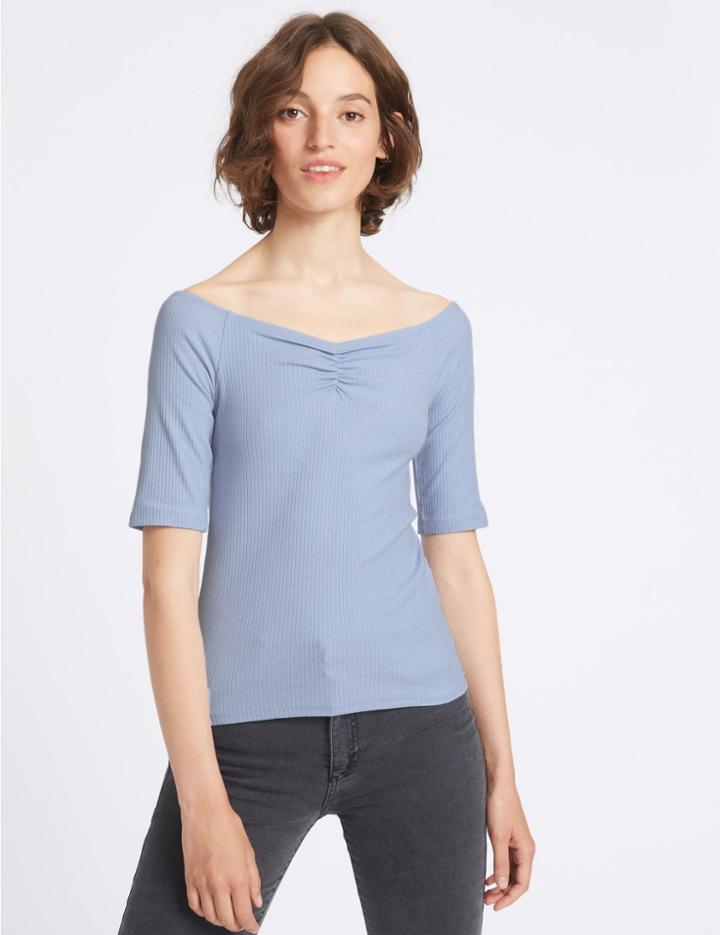 Marks & Spencer Cotton Rich Ribbed Half Sleeve Bardot Top Blue