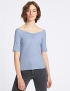 Marks & Spencer Cotton Rich Ribbed Half Sleeve Bardot Top Blue