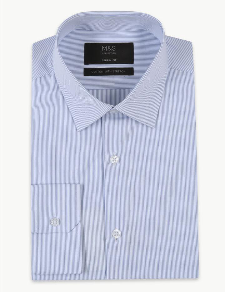 Marks & Spencer Cotton Rich Shirt With Stretch Blue Mix