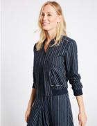 Marks & Spencer Linen Rich Pinstripe Bomber Jacket Navy Mix