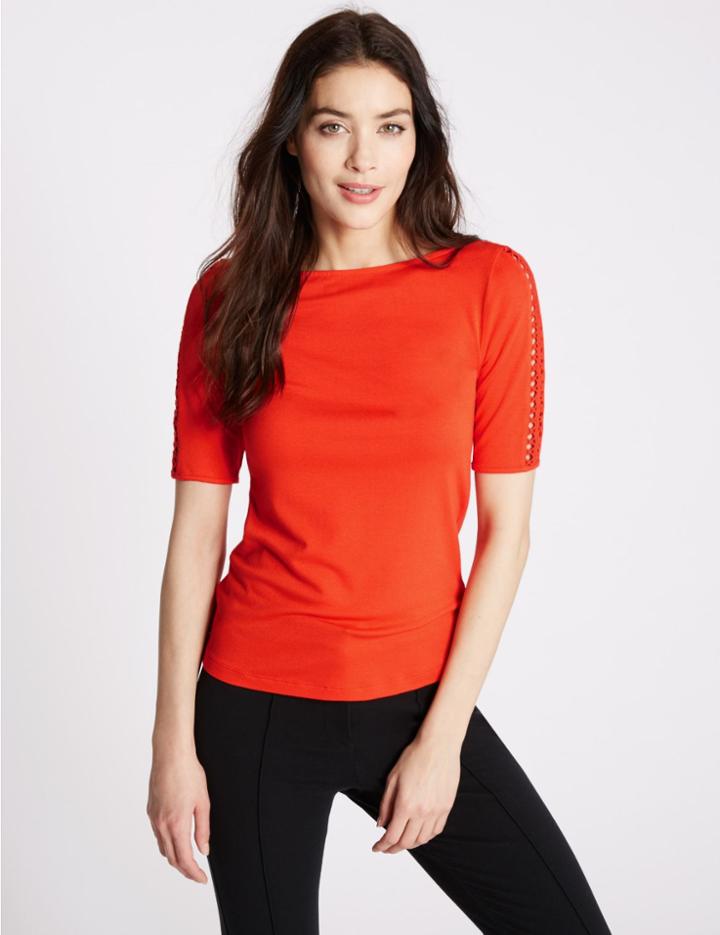 Marks & Spencer Lattice Trim Half Sleeve Jersey Top Bright Orange