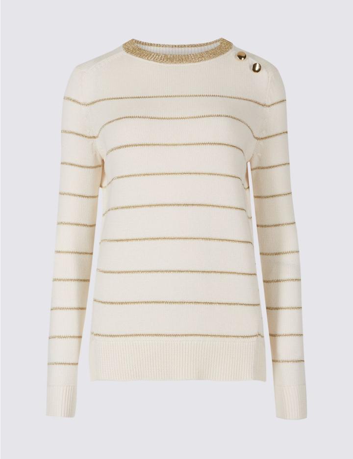 Marks & Spencer Cotton Rich Striped Round Neck Jumper Cream