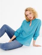 Marks & Spencer Cotton Collarless Popover Blouse Sea Green