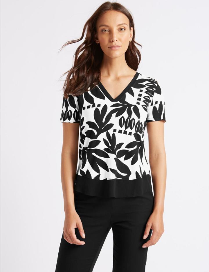 Marks & Spencer Printed V-neck Short Sleeve Top Black Mix